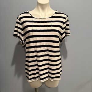 Talbots Black Ivory Striped Top Embellished Front Short Sleeve Size XL